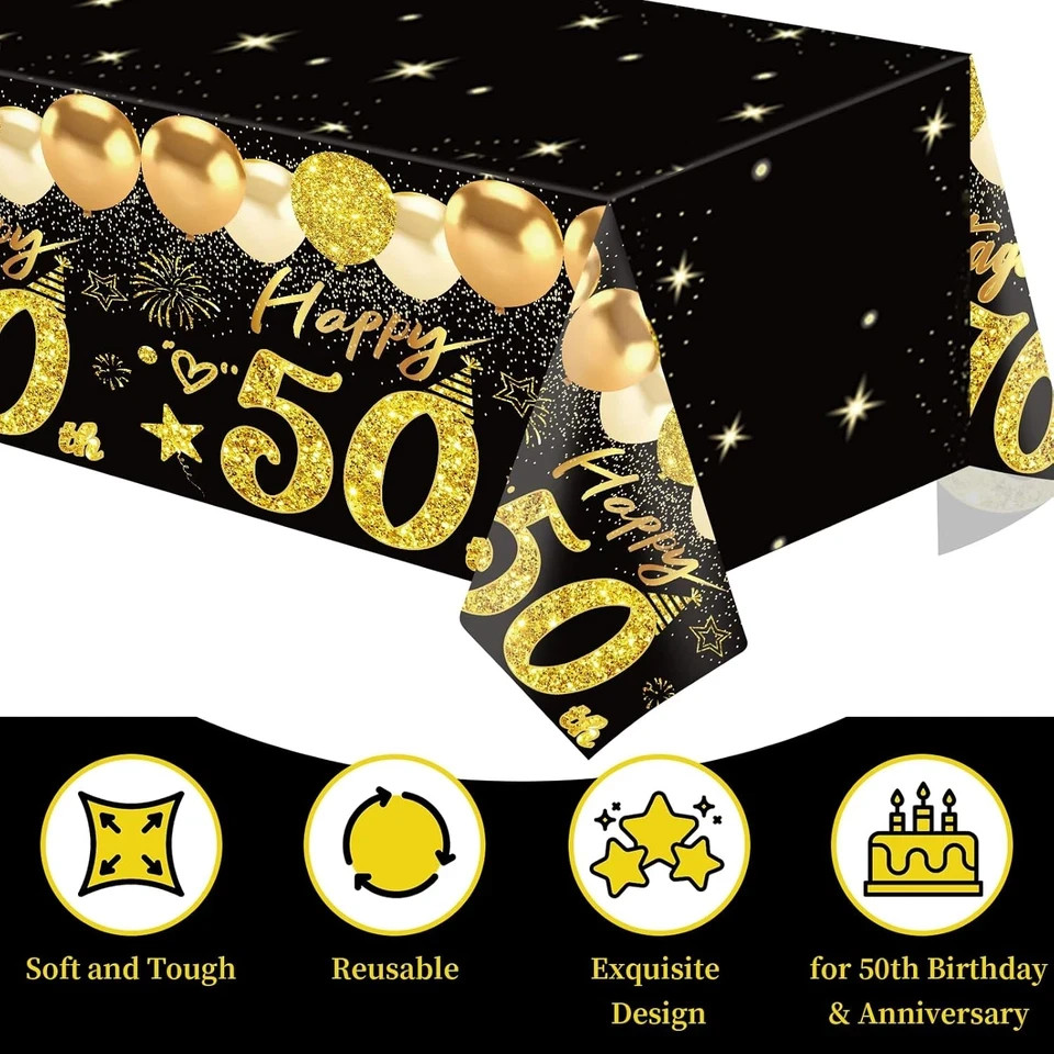2Pcs 50Th Birthday Tablecloth, Black Gold 50Th Birthday Decorations for Men Wome