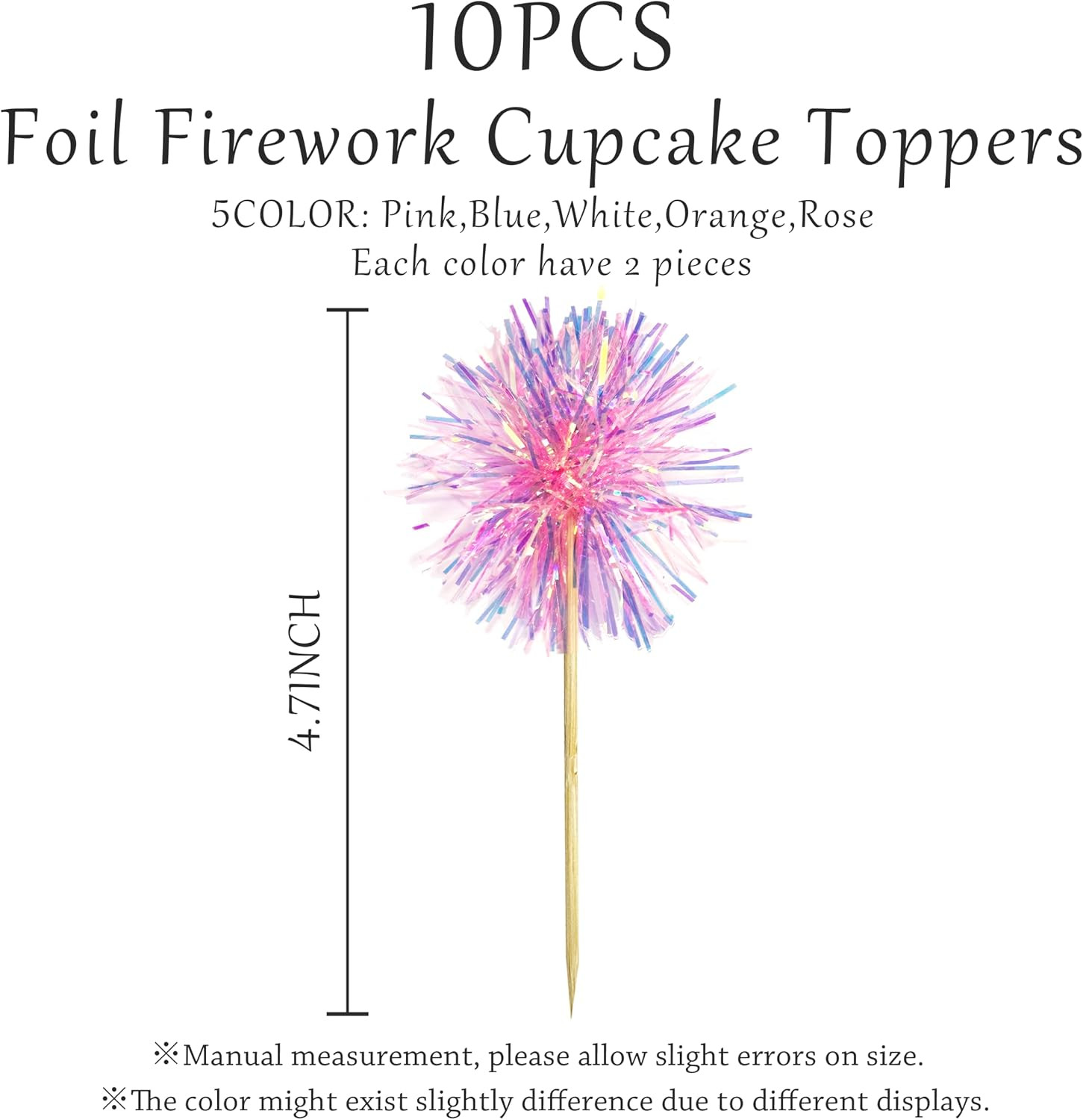 10PCS Foil Firework Cupcake Toppers, Happy Birthday Cake Toppers, Sparkle Tinse