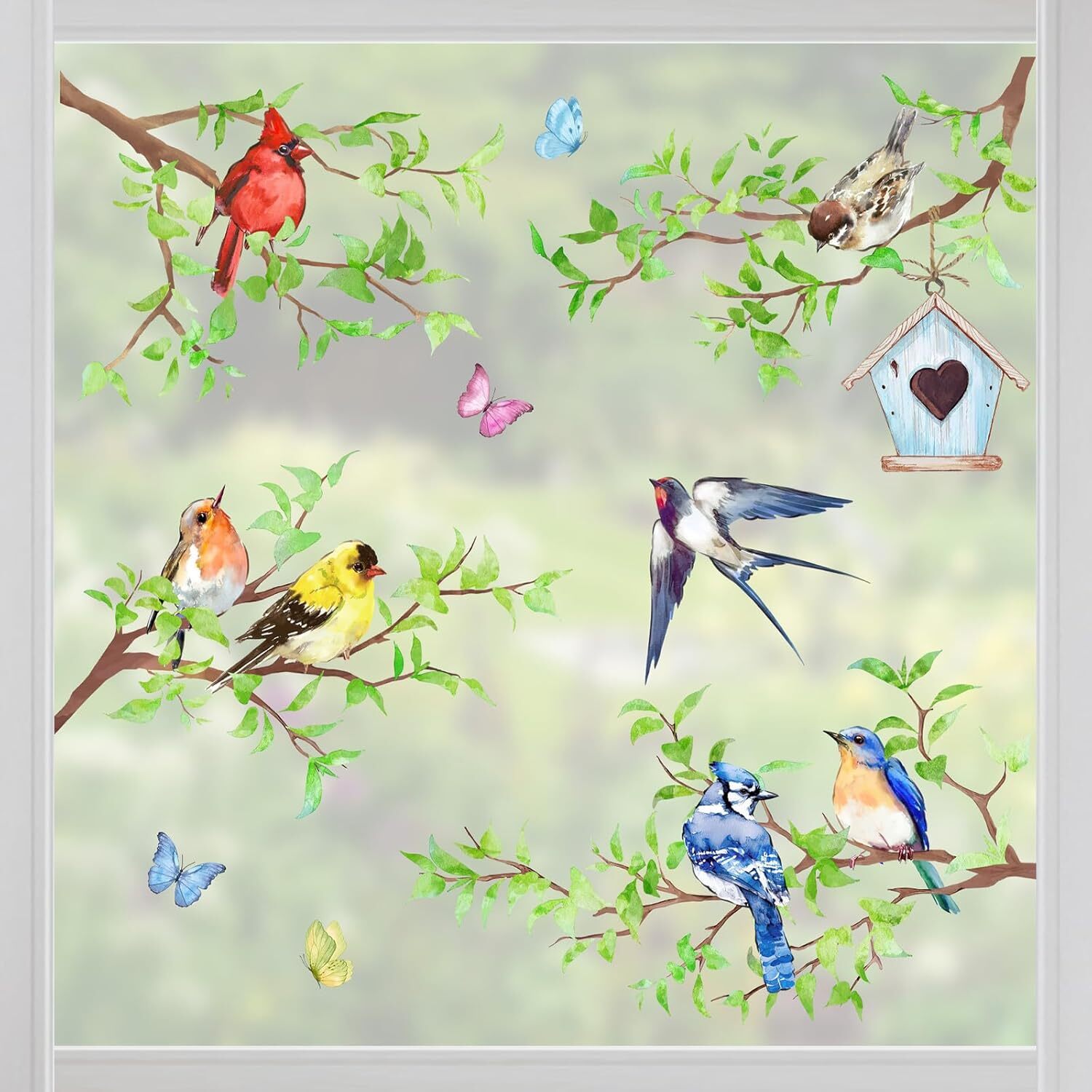 Yovkky Spring Summer Birds Branches Window Clings 4 Sheets, Cardinal Bird