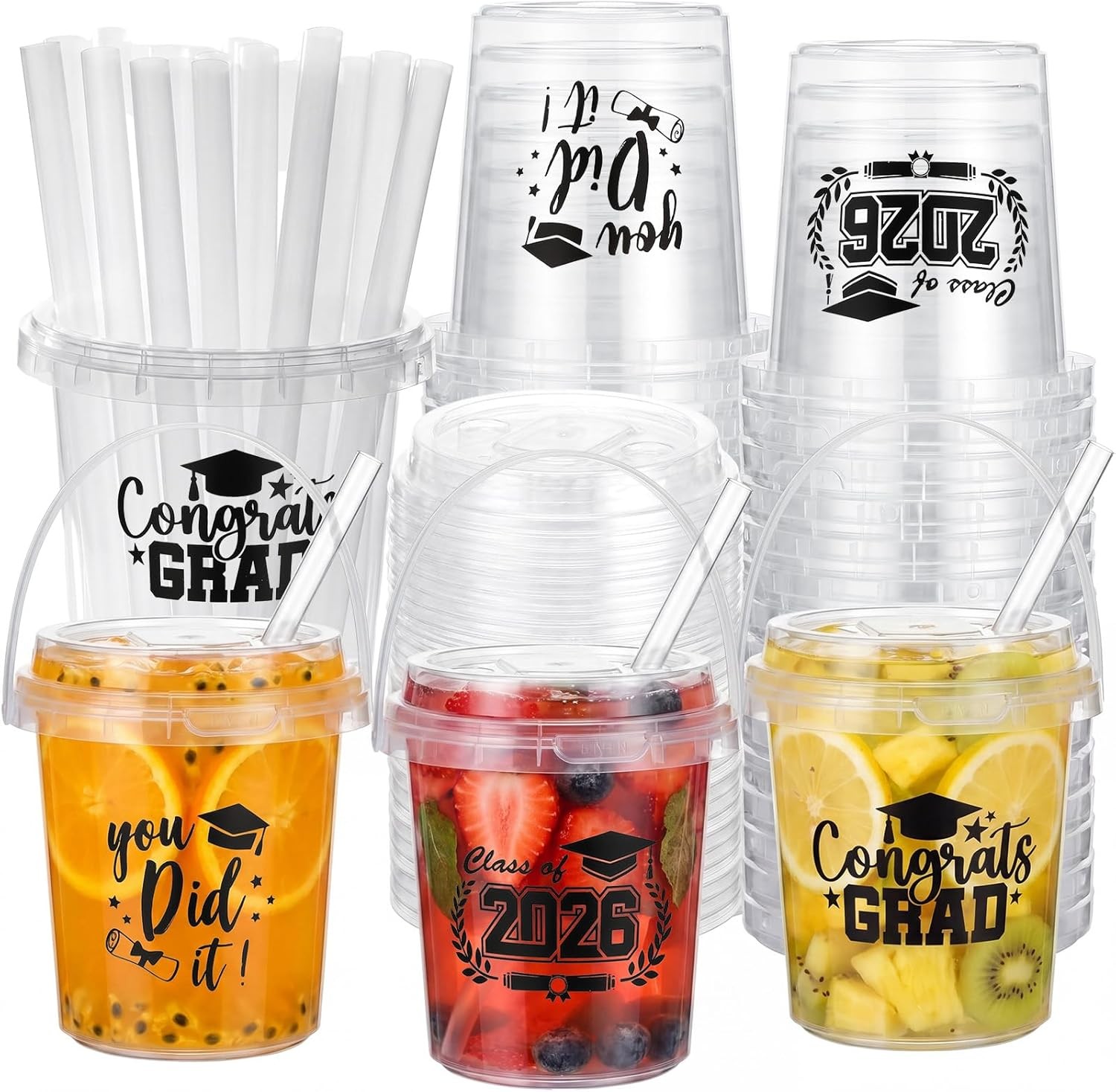 15 Sets 24oz Graduation Drink Buckets with Lids and Straws Class of 2026