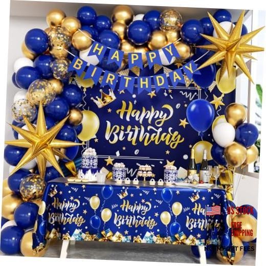 Blue and Gold Birthday Decorations, Blue Gold White Foil Balloons Happy