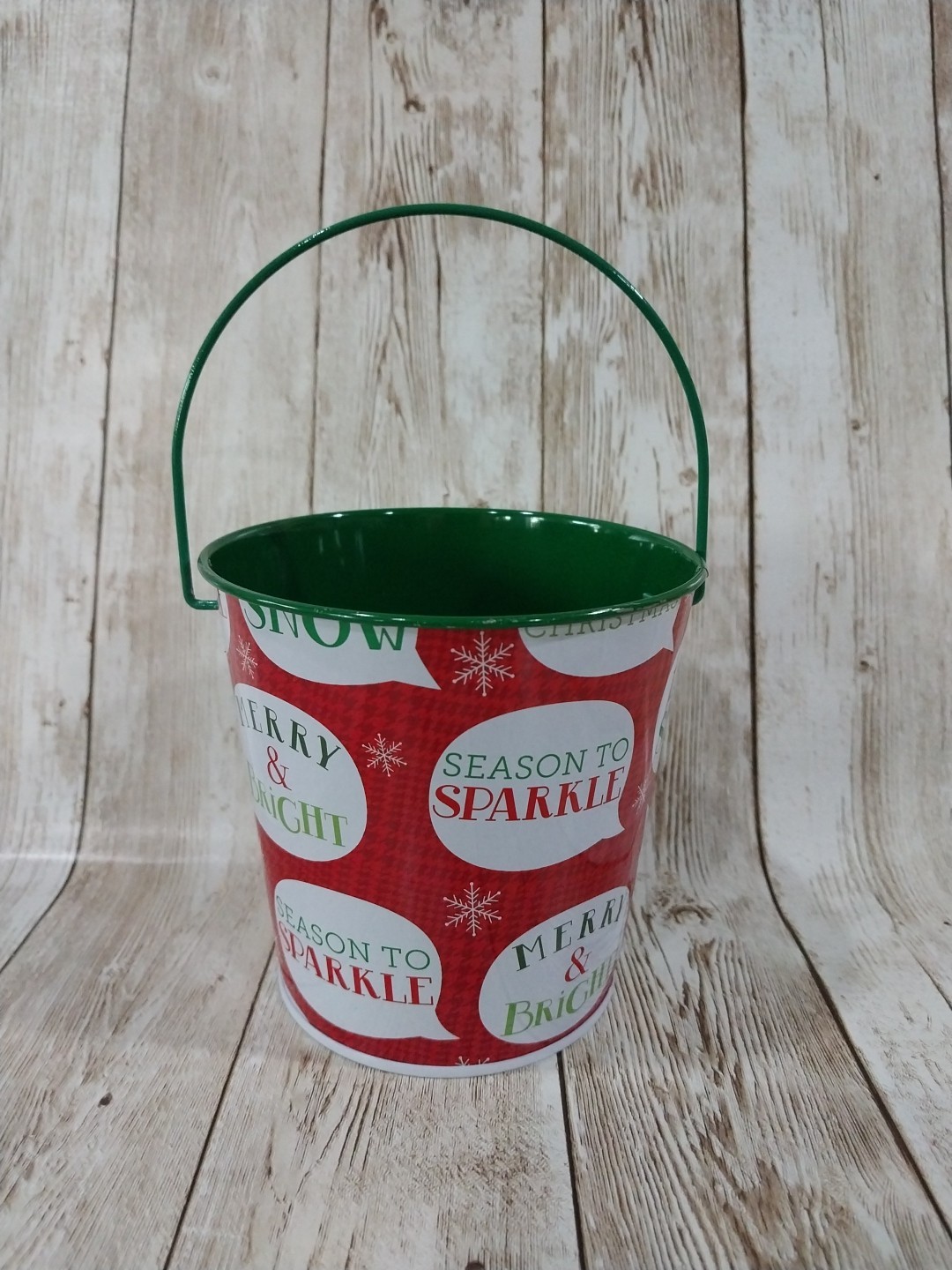 New! Red Metal Bucket Container Vase Candy Basket Merry Christmas Let It Snow