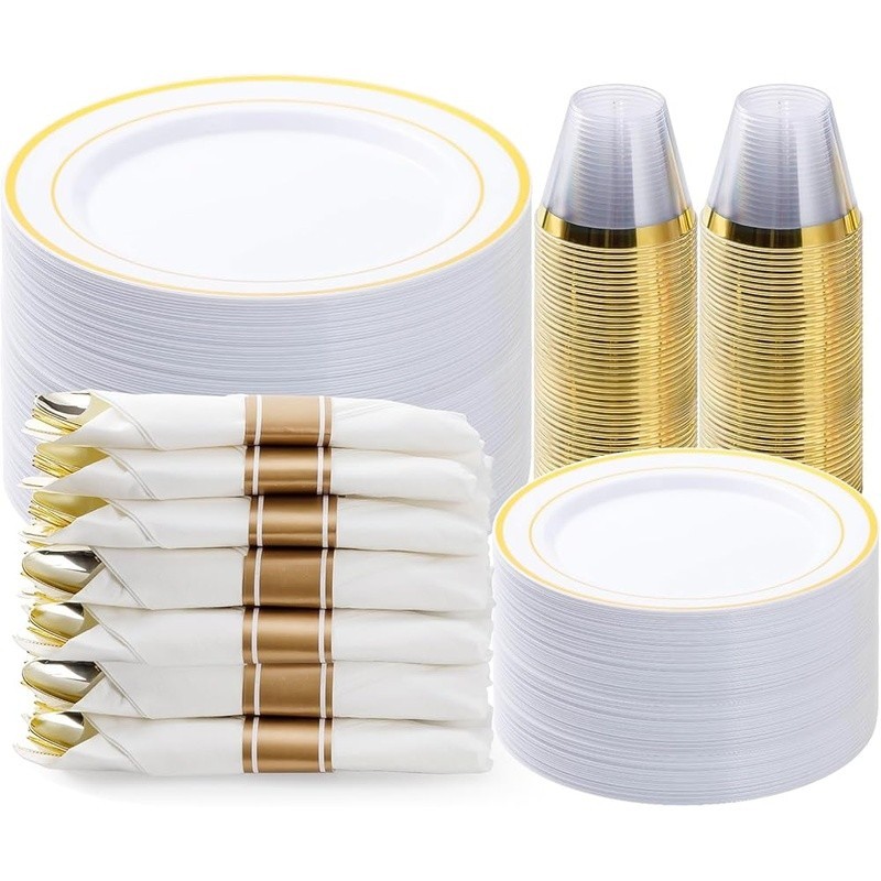 Elegant Disposable Party Plates Set W/ Gold Silverware Weddings Birthdays Events