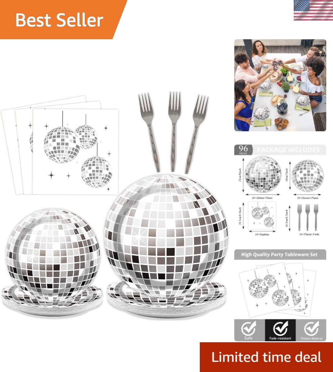 96 Pieces Disco Party Plates Disco Ball Theme Party Decorations Silver Cake P…