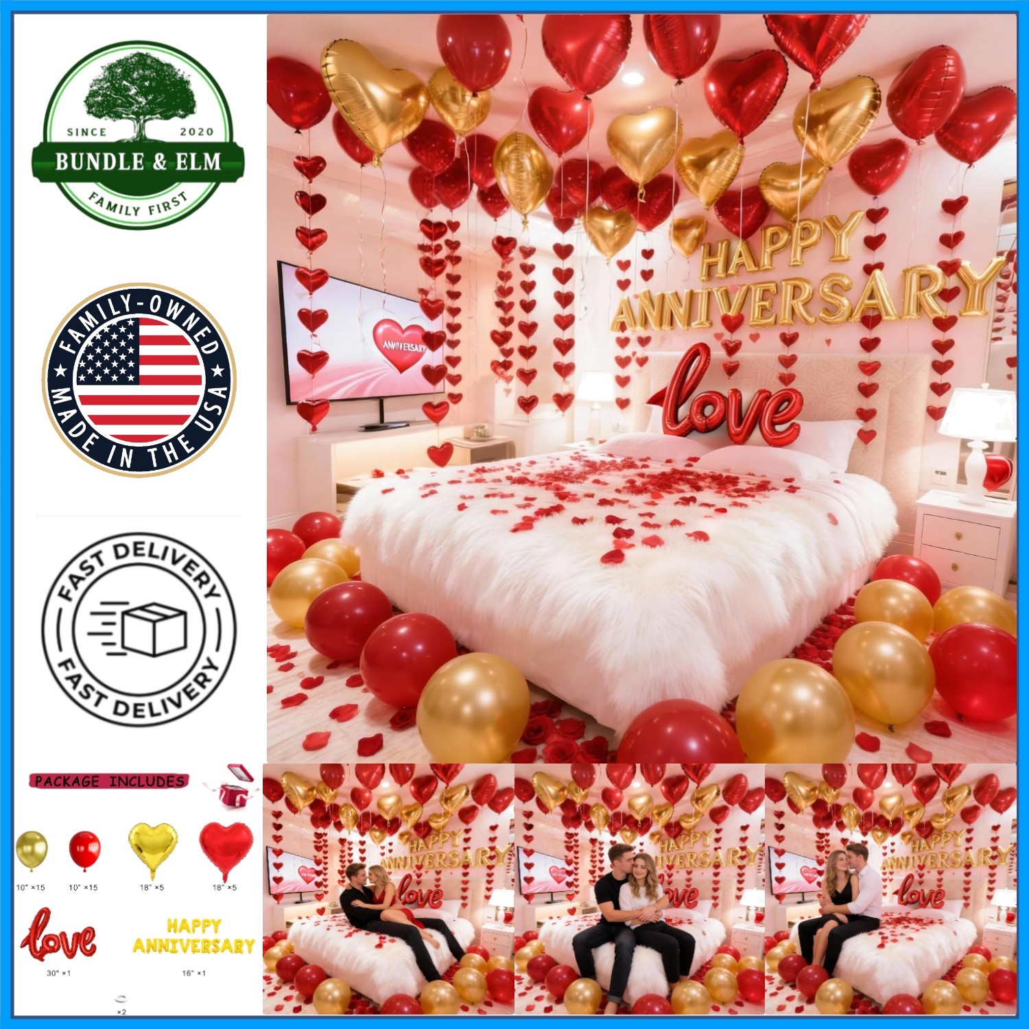 Romantic Anniversary Decorations with Red Hearts, Balloons & Silk Rose Petals