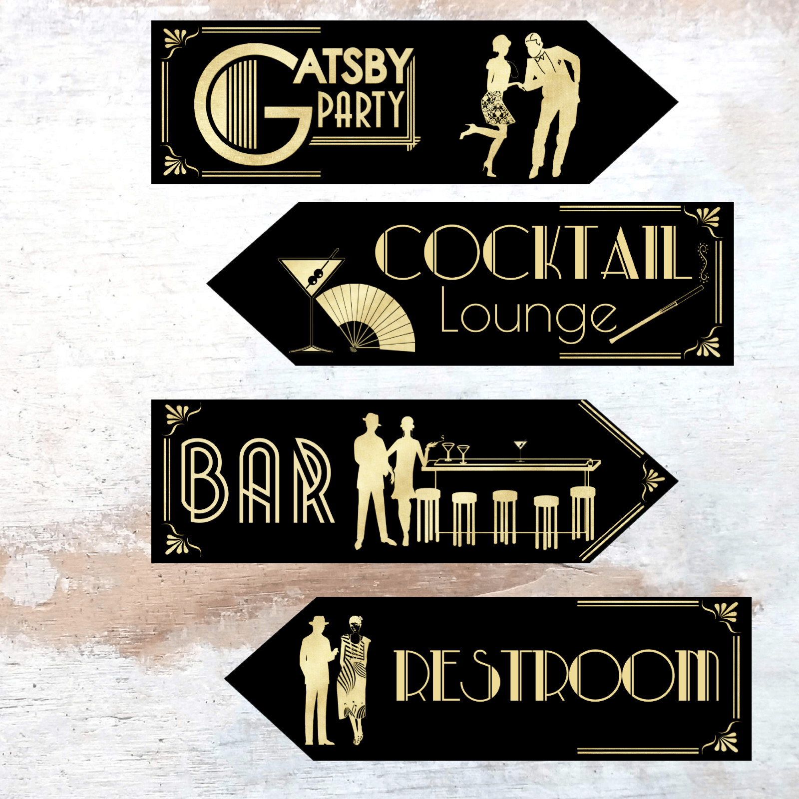 Set of 4 Gatsby 1920’s Theme Party Art Deco Decoration Arrow Signs