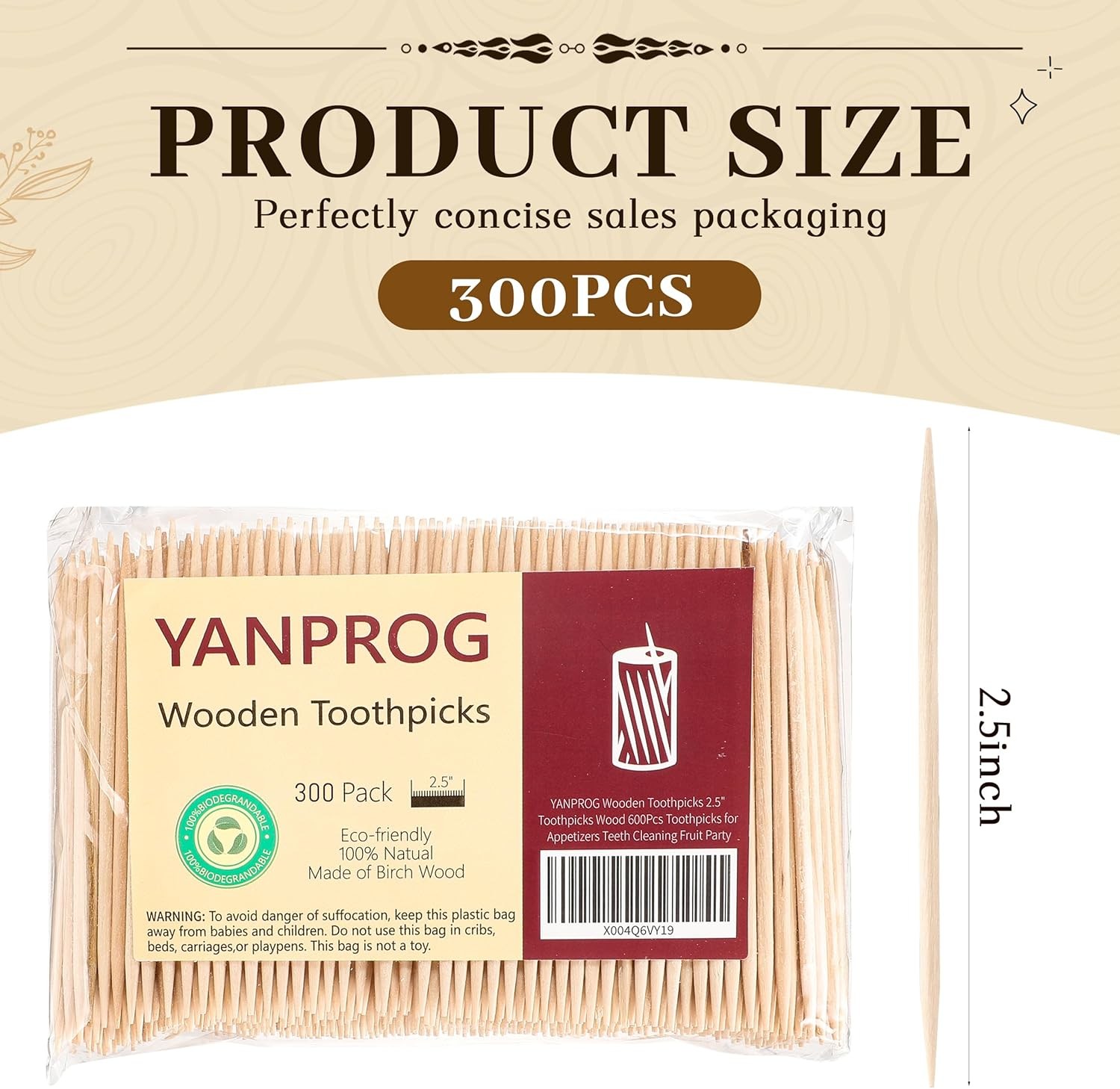 Natural Birch Toothpicks 300-Pack 2.5″ Wooden Picks for Appetizers Fruit BBQ