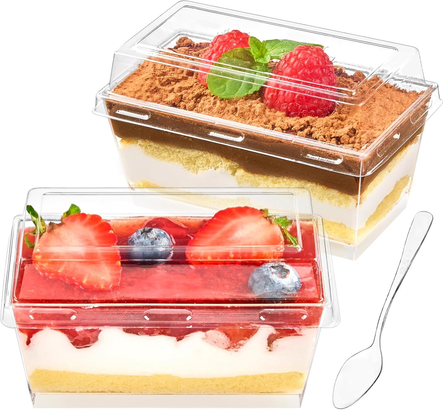 5 Oz Mini Dessert Cups with Lids and Spoons, 50 Pack Clear Rectangle Parfait Cup
