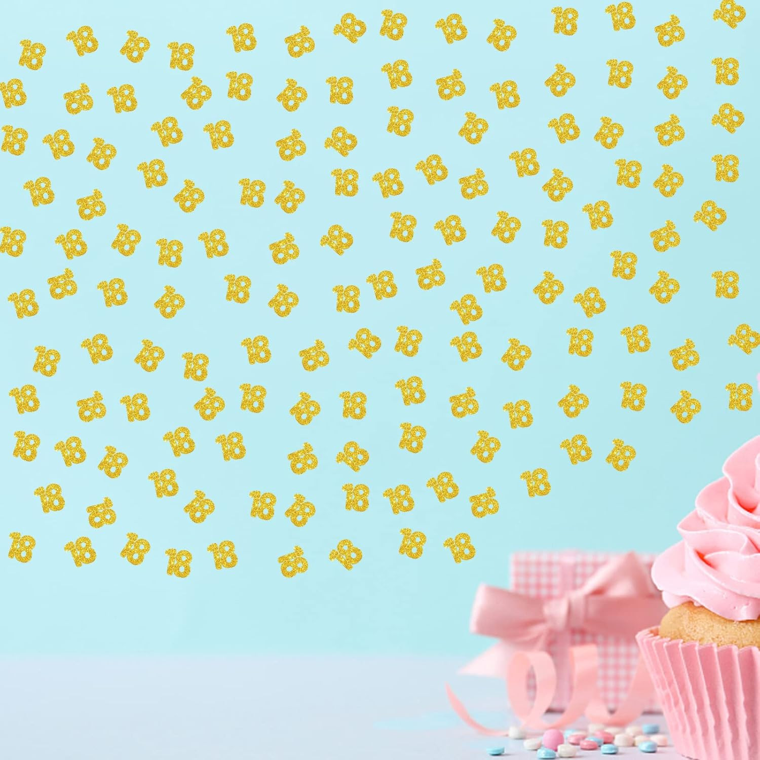 Set of 100 Number 18 Confetti, Gold Glitter 18 Paper Scatter, 18Th Birthday Part