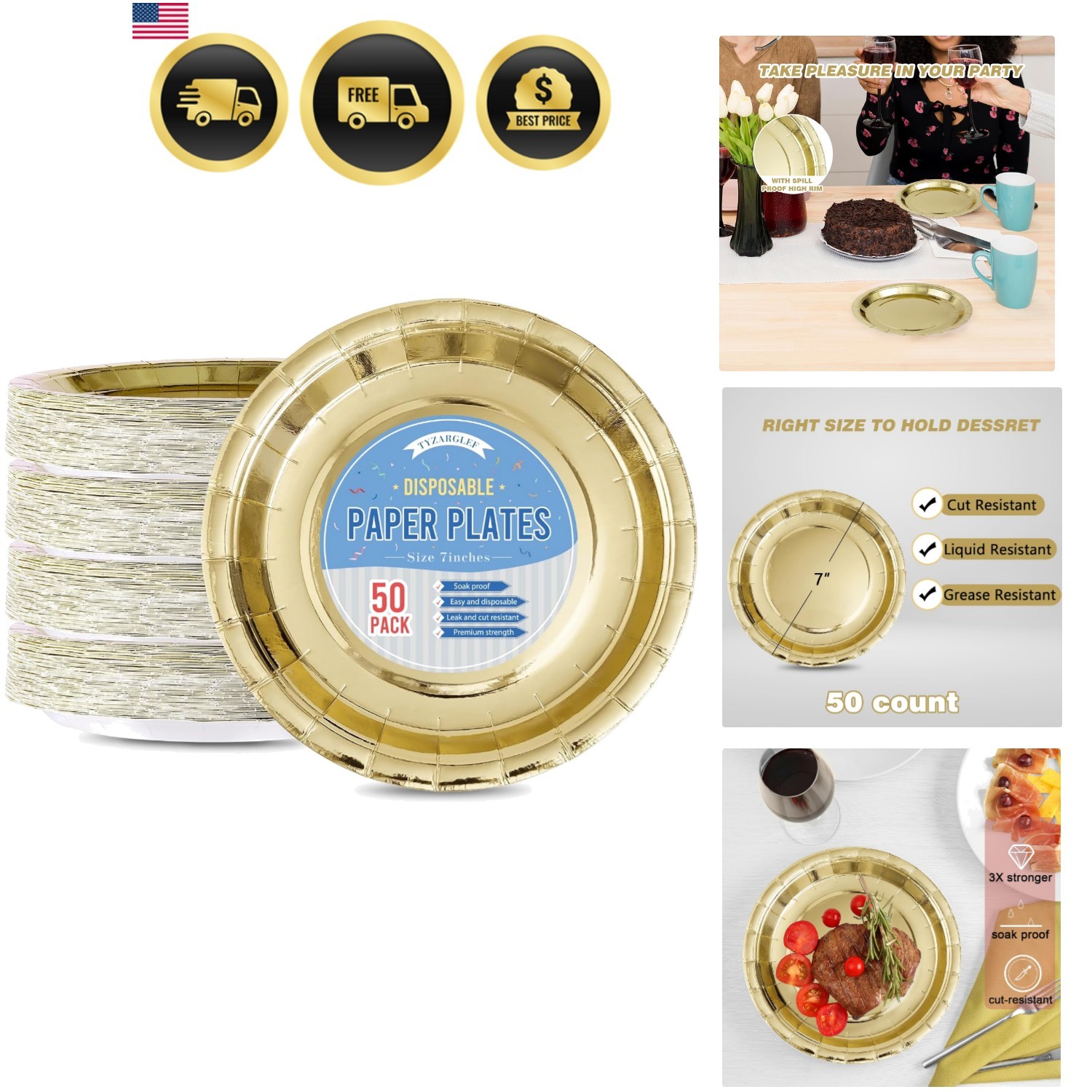 Disposable Paper Plates Gold, 50 Count 7” Dessert Cake Plates Bulk for Party …