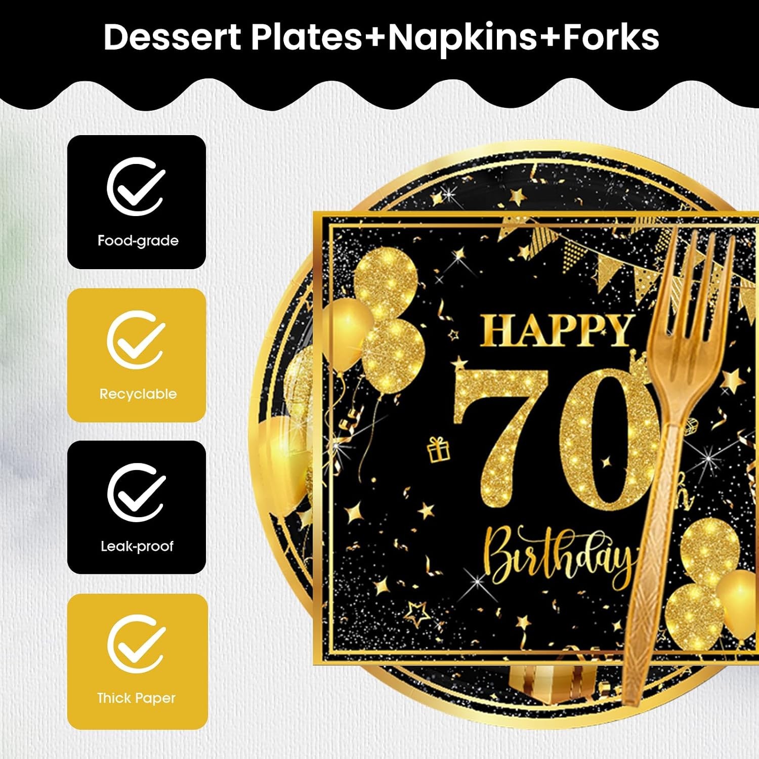70th 7 inch Birthday Party Paper Plates and Napkins Forks 60 pcs Black Gold