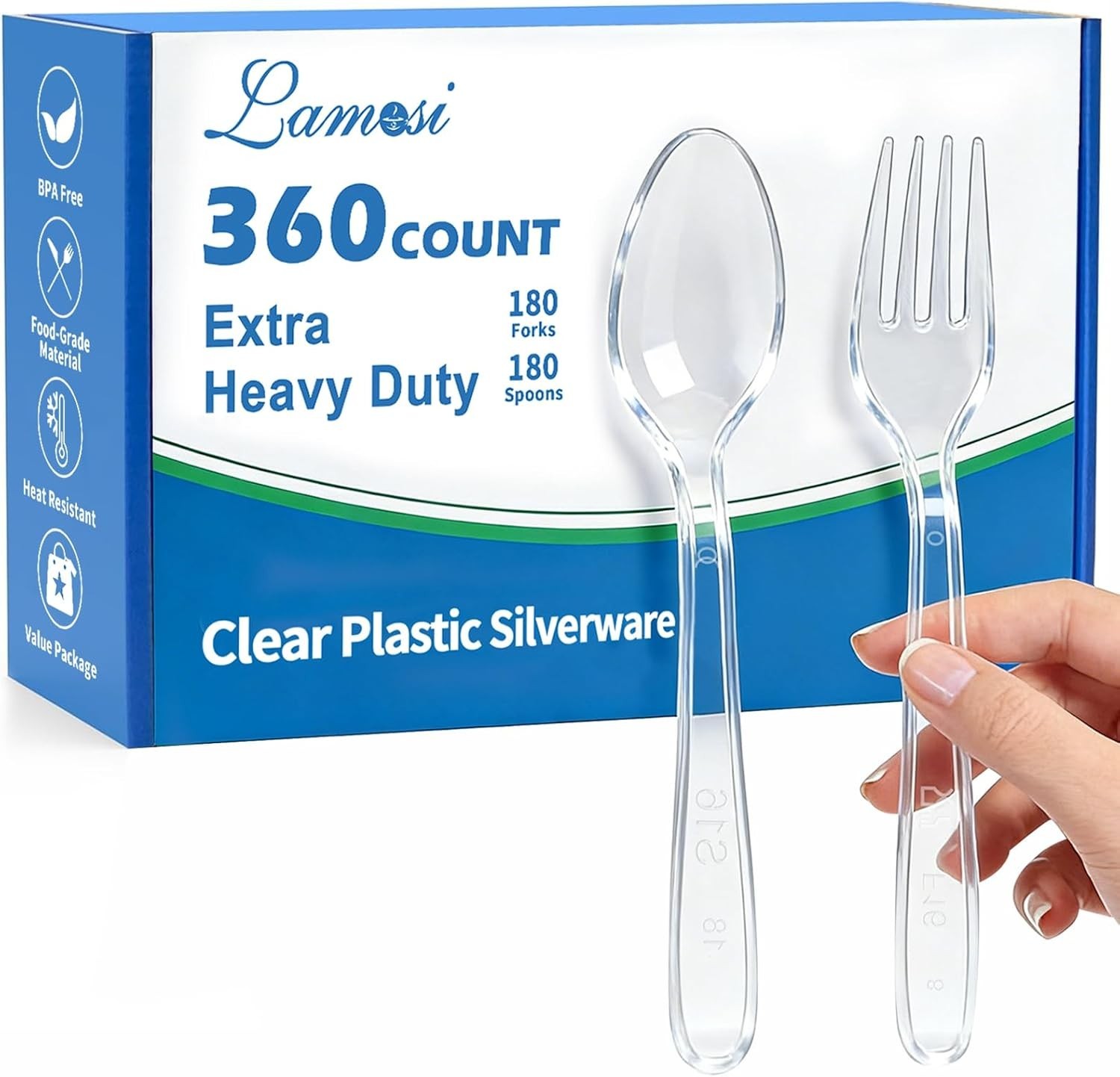 360 Count Extra Heavy Duty Clear Plastic Forks and Spoons, 180 Forks, 180 Spo…