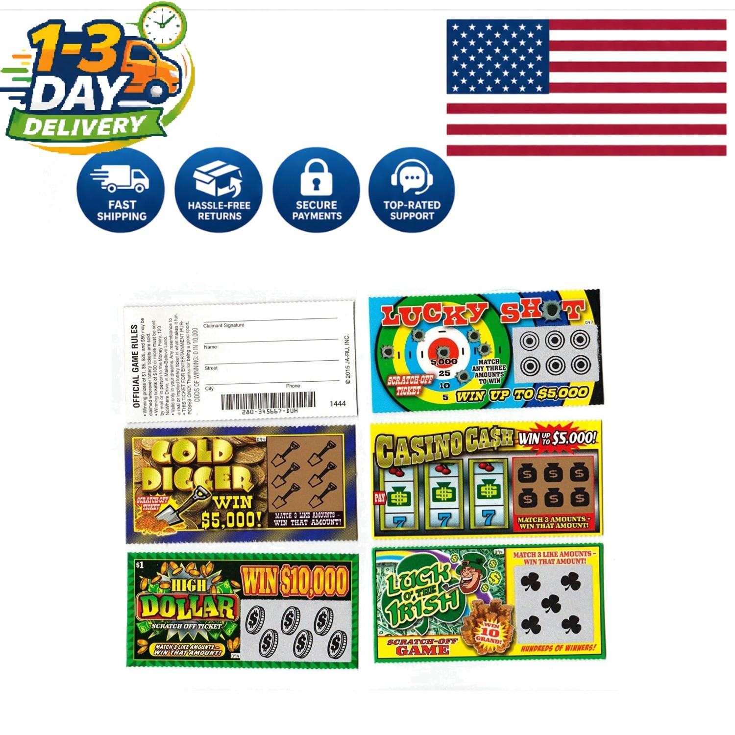 Fake Lottery Ticket Pack: 5 Gag Tickets for Kids & Adults – Prank Fun