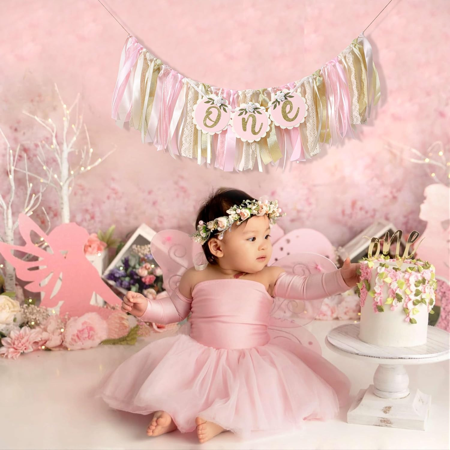 Pink Golden Floral High Chair Banner – Rose 1St Birthday Highchair Banner, Girls