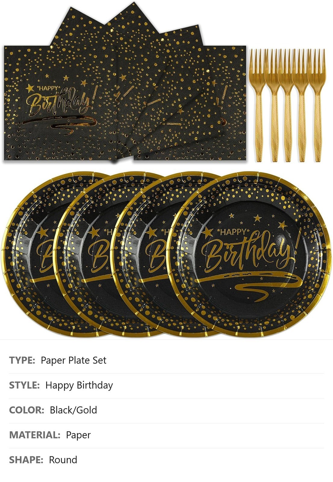 Birthday Party Plates Napkins Forks Set, 72 Pc, Black Gold Dot, Disposable