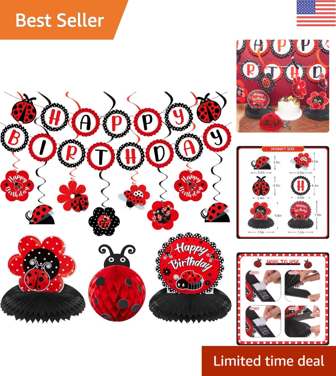 Adorable 28 Pcs Ladybug Themed Decoration Kit for Birthdays and Showers