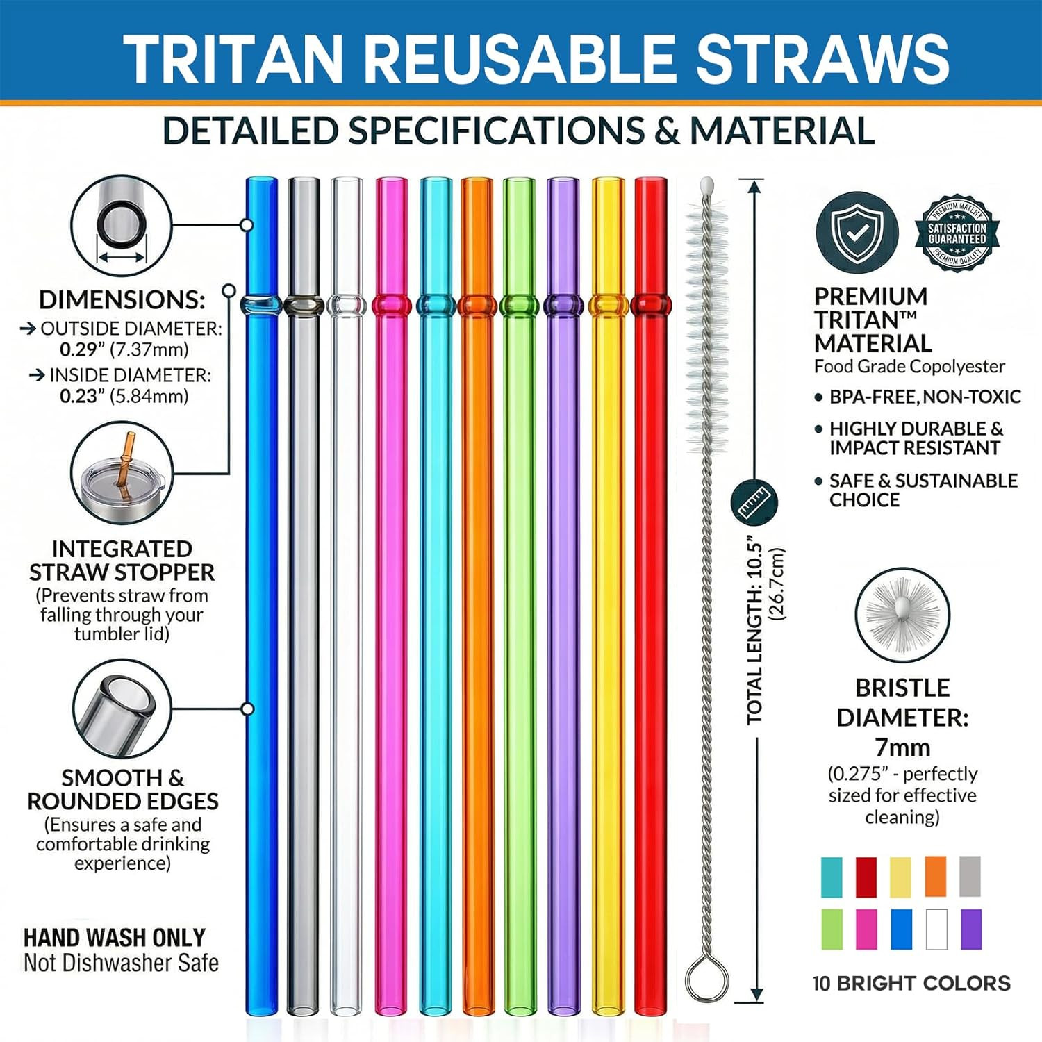 ALINK 10.5 in Long Reusable Plastic Straws with Brush, Tritan Hard Plastic Tumbl