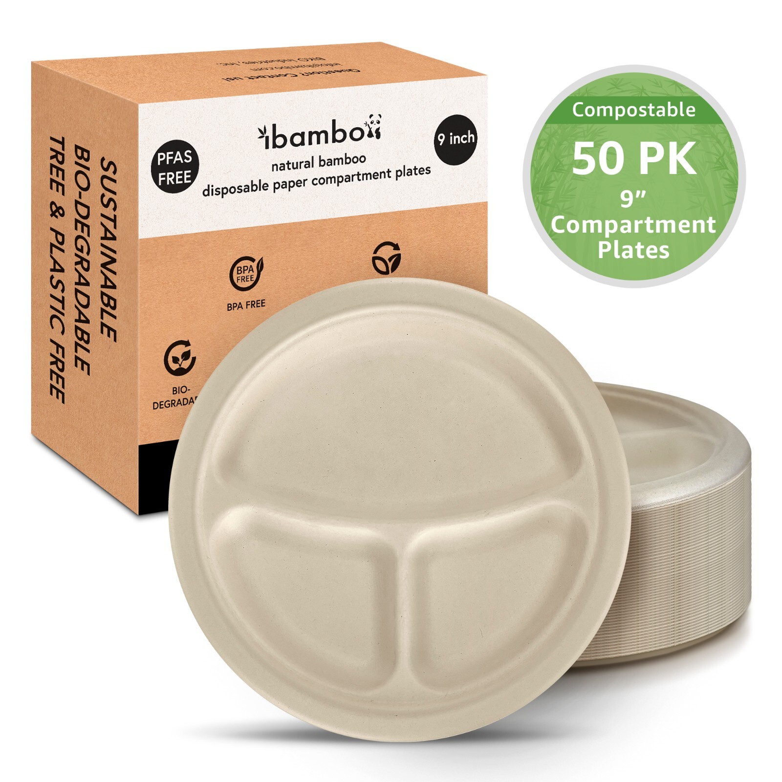 Ibambo Bamboo Disposable Compartment Plates – 9 Inch, 50 Pack, Compostable