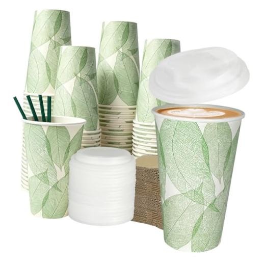 Plant-Based Compostable Cups Set – PLA Lined Disposable Coffee 16oz Cream White