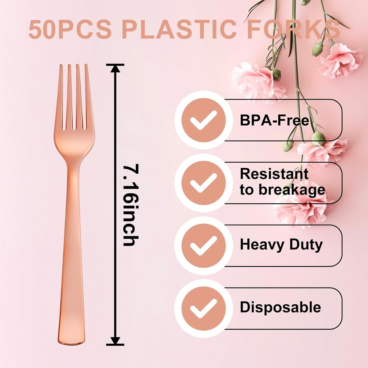 50PCS Rose Gold Plastic Forks – Heavy Duty Plastic Forks – Solid Durable Rose