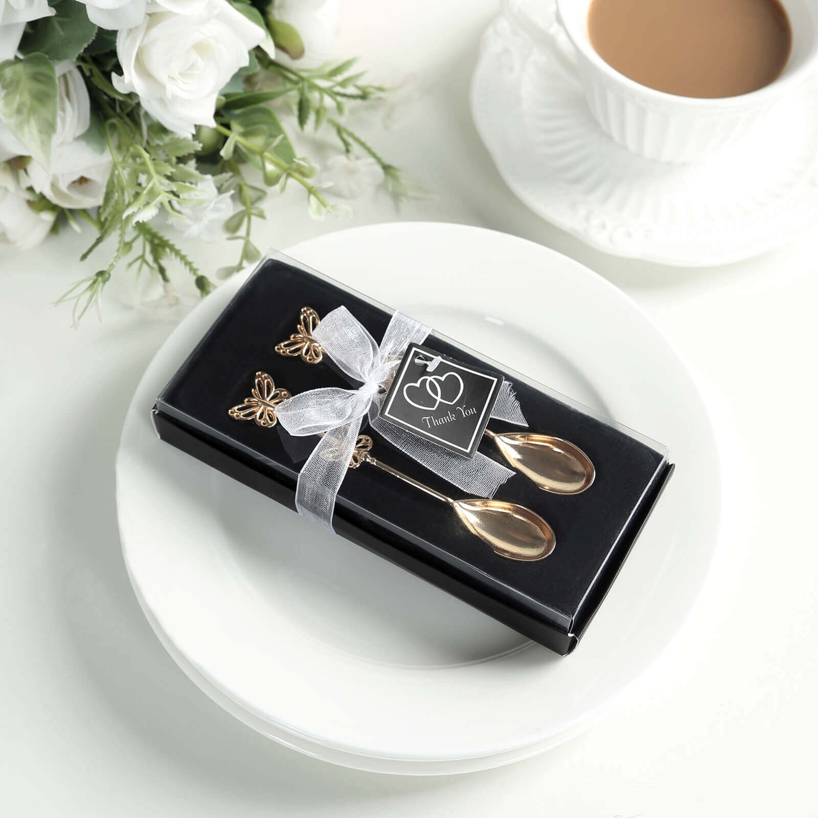 10 Gold Metal Butterfly Handle Coffee Spoons in Clear Top Black Gift Box Party