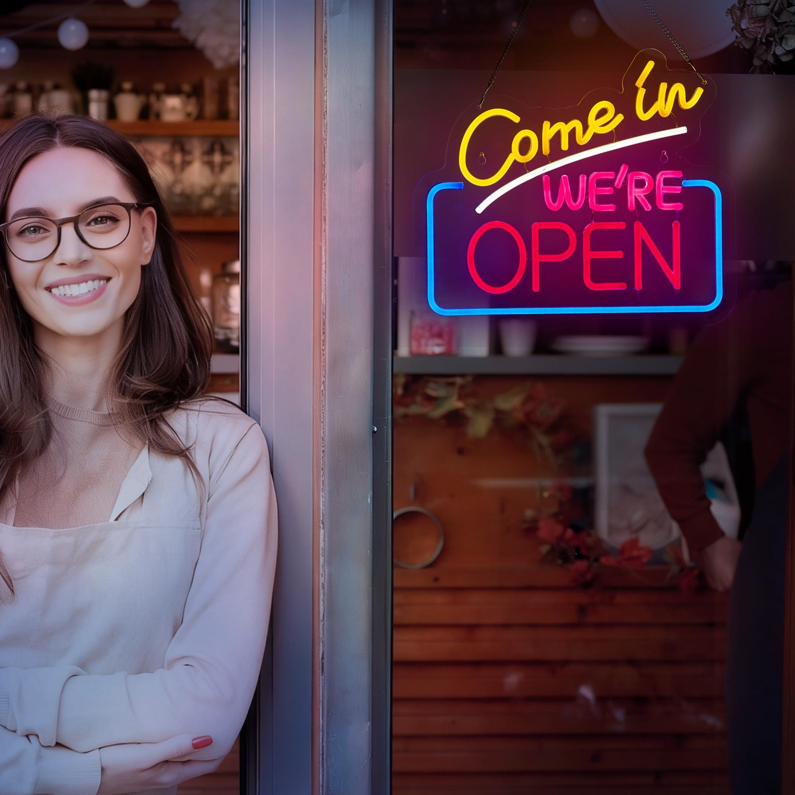 Come In We’re Open Neon 14.6 inches by 12.6 inches, Yellow + Pink + Blue