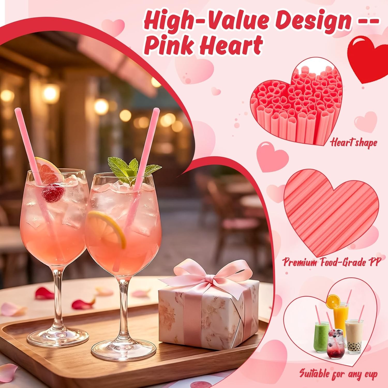 100PCS Valentines Day Heart Straws – Heart Shaped Pink Straws Plastic Disposable