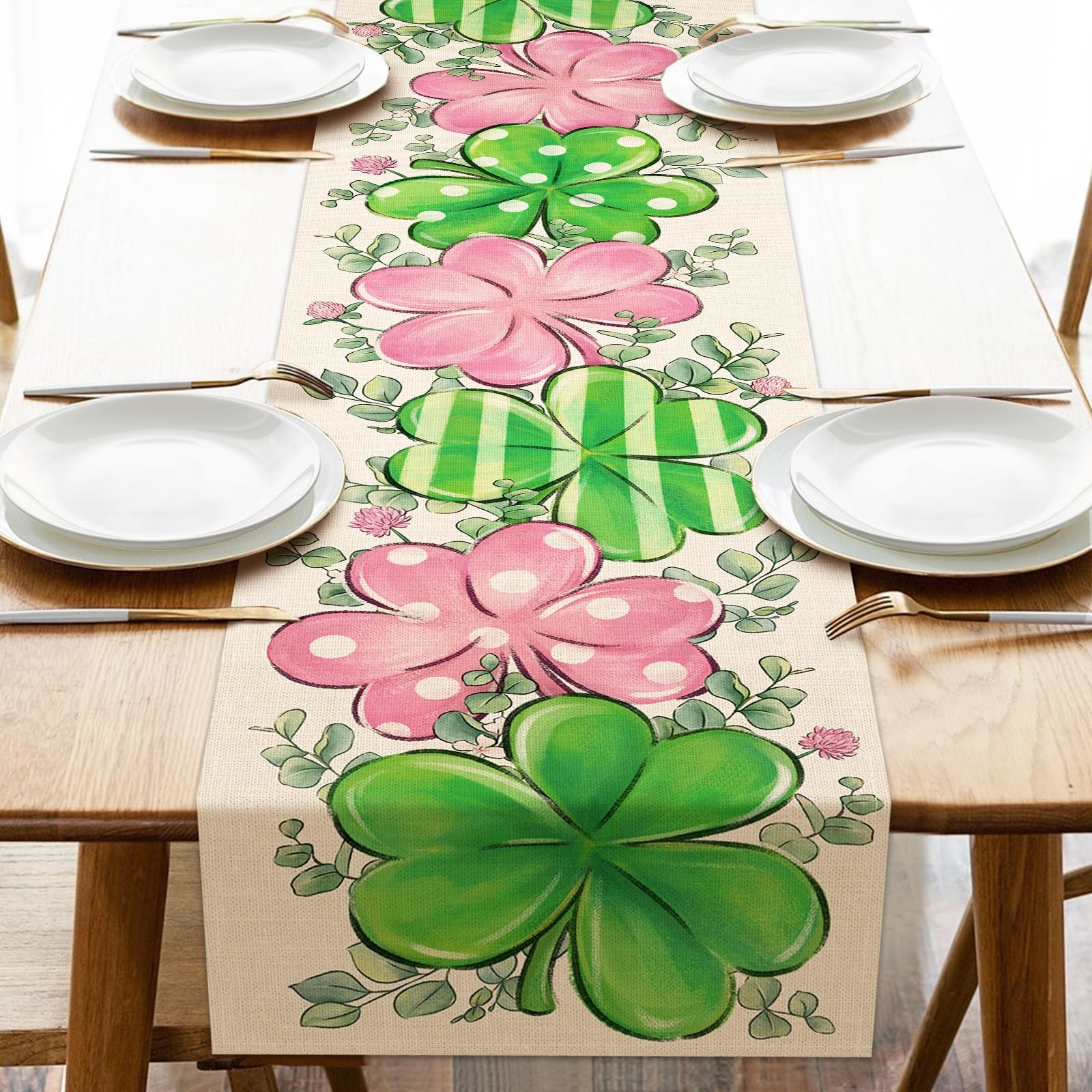 Seliem St. Patrick’s Day Clover Table Runner, Pink Shamrock Eucalyptus Leaves Po