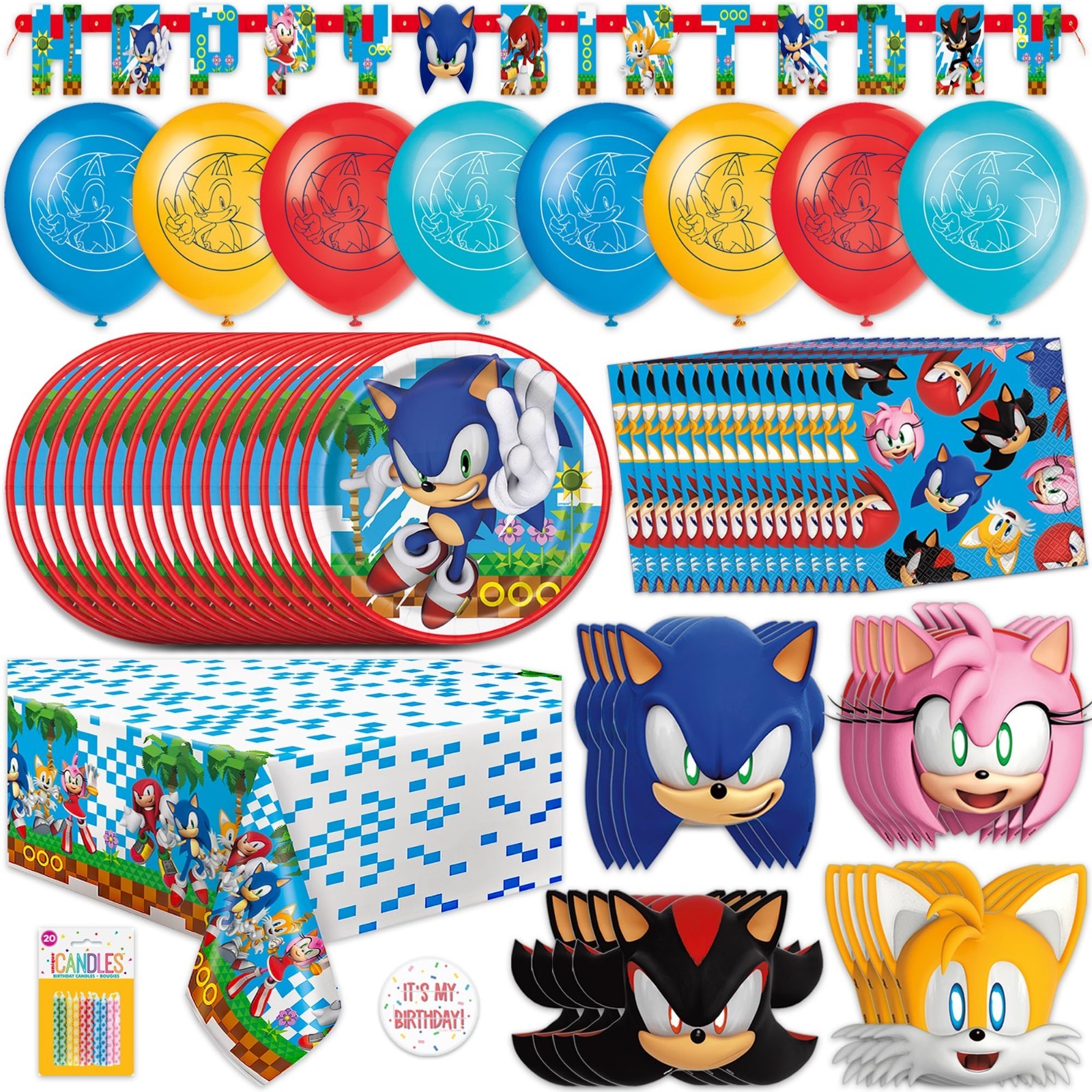 Sonic Birthday Party Supplies for 16 Guests | Balloons, Masks, Banner, Plates &