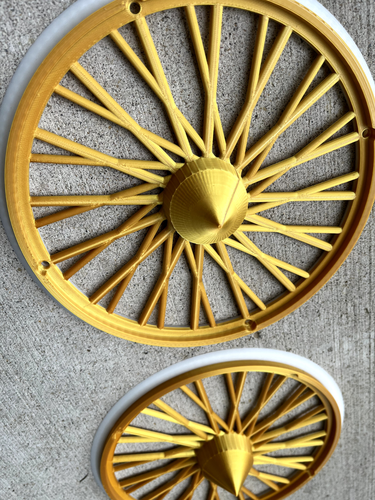 3D Printed Dayton Spoke Trash Can Rims Wheel Covers Whitewall Gold or Silver Set