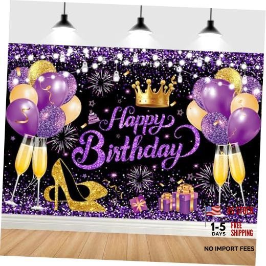 Black Gold Happy Birthday Party Photo Backdrops Backgrounds | 180×120 Purple