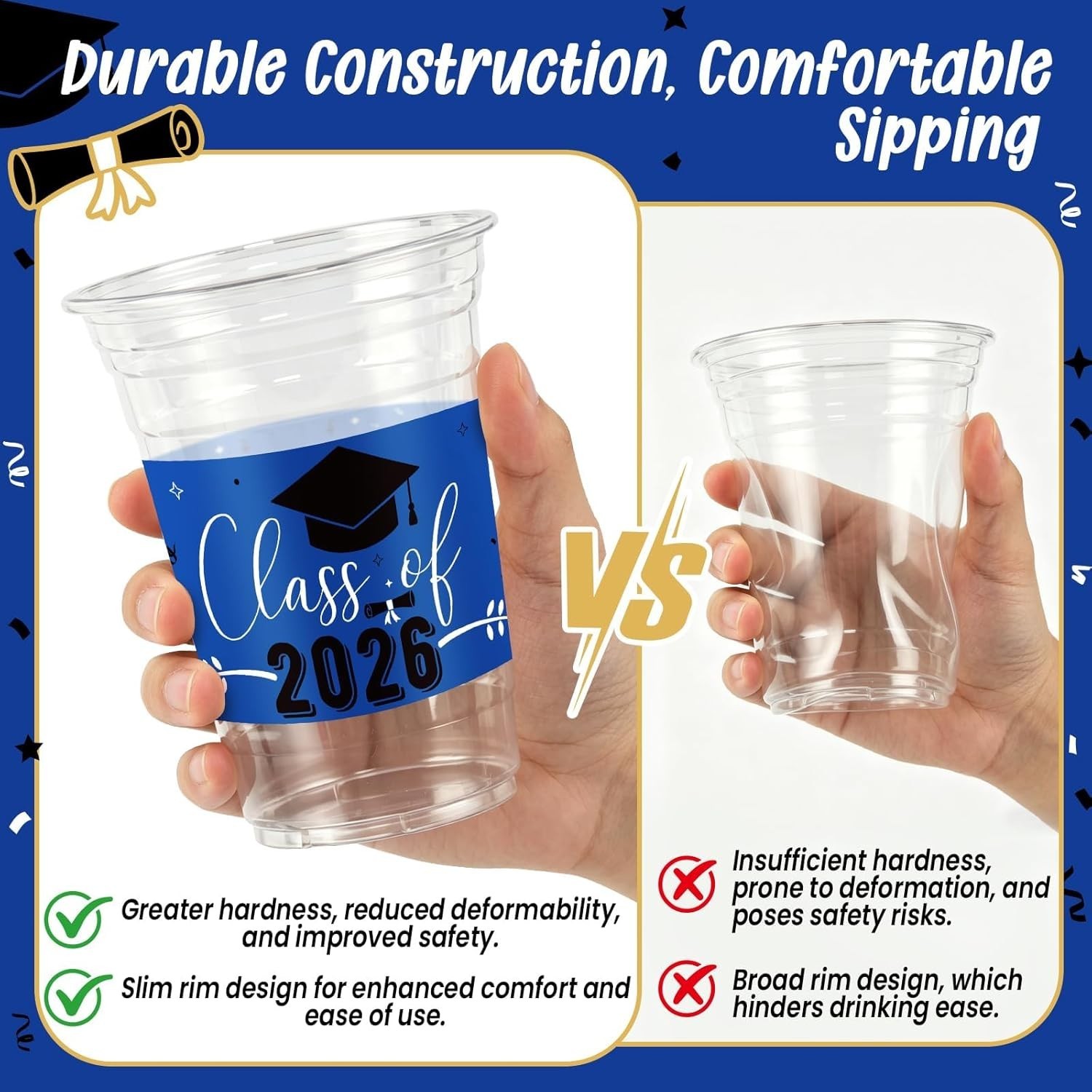 100 Pack 16oz Blue Graduation Decorations Cups, Class of 2026 Disposable Plas…