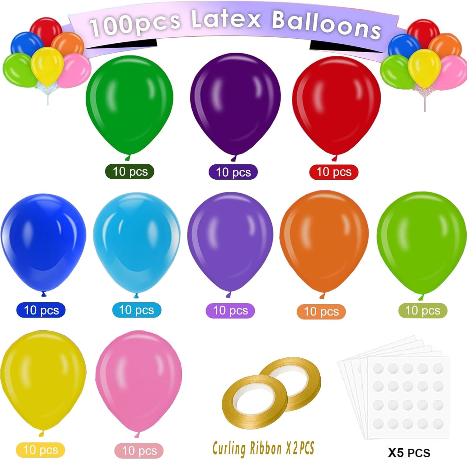 100PCS 12 Inch Rainbow Latex Balloons, Assorted Colors Party Balloons Bulk
