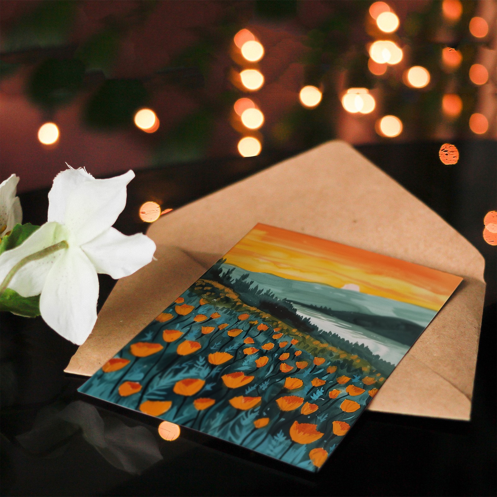 Greeting Card Floral Shoreline California Poppies At Sunrise Birthday