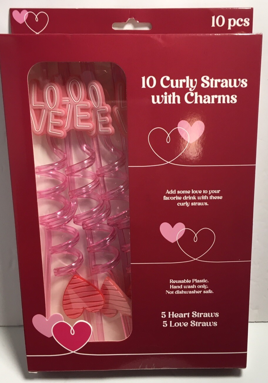 VALENTINES LOVE ~ HEARTS ❤️ 10 PK REUSABLE CURLY STRAWS BPA FREE NIB