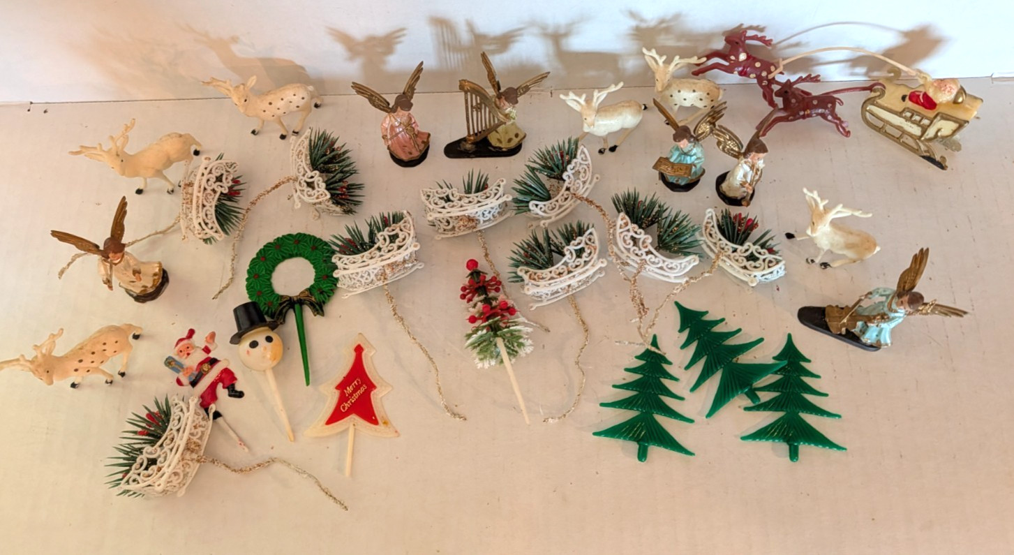 Vtg Christmas Cup Cake Picks Toppers ornaments crafting Lot angels santa deer B1