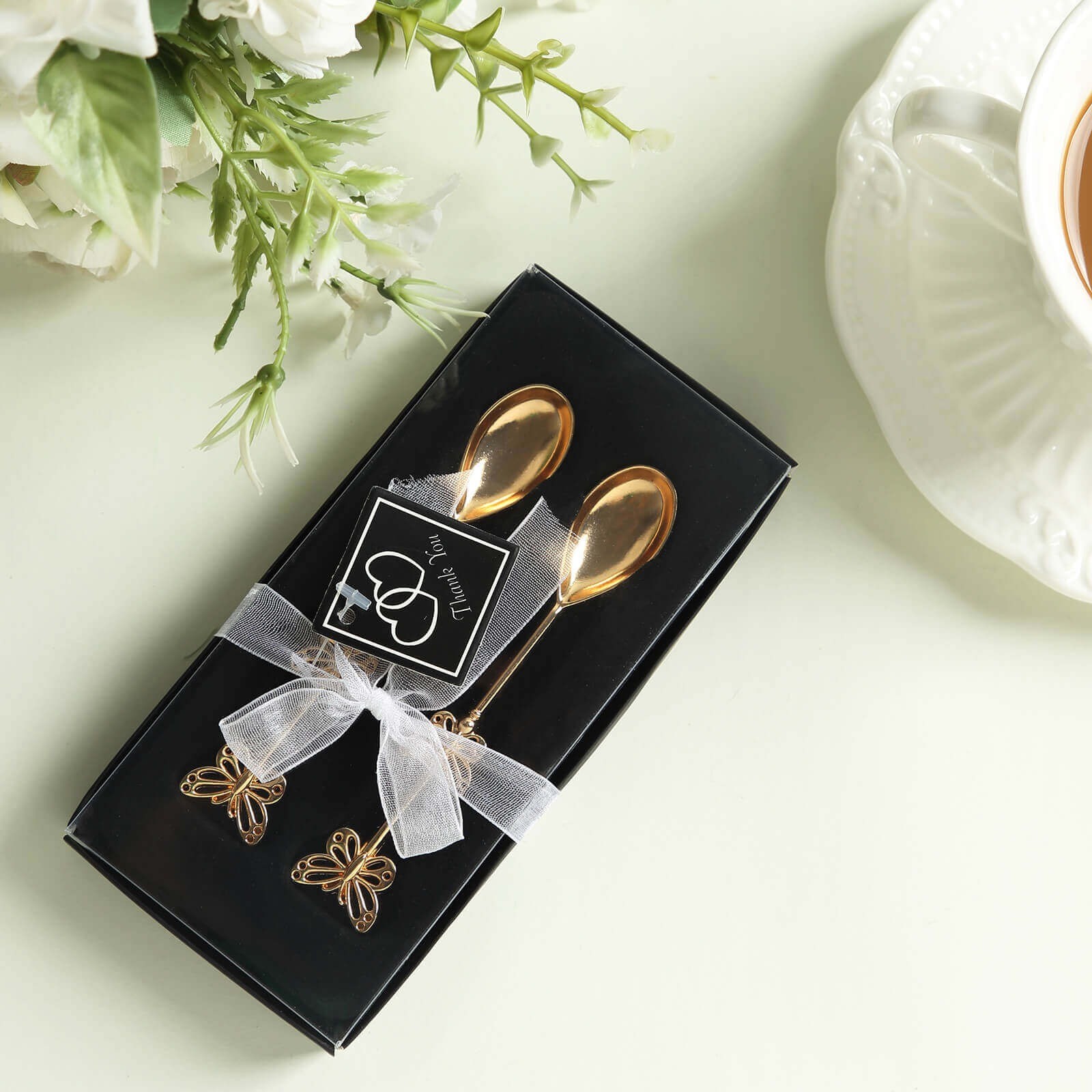 10 Gold Metal Butterfly Handle Coffee Spoons in Clear Top Black Gift Box Party