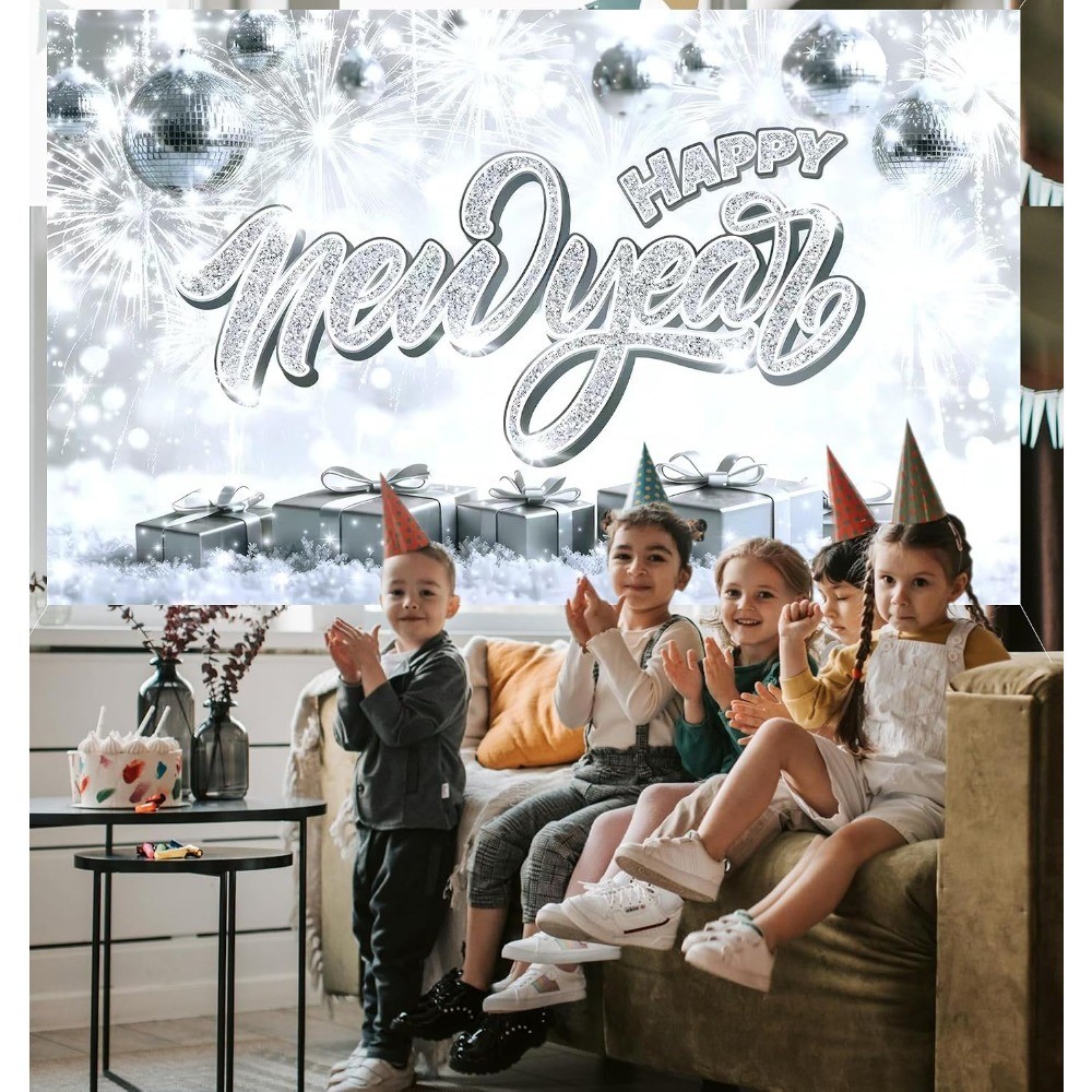Happy New Year Banner 71 x 43 Inch, Silver Glitter Decor Backdrop with White