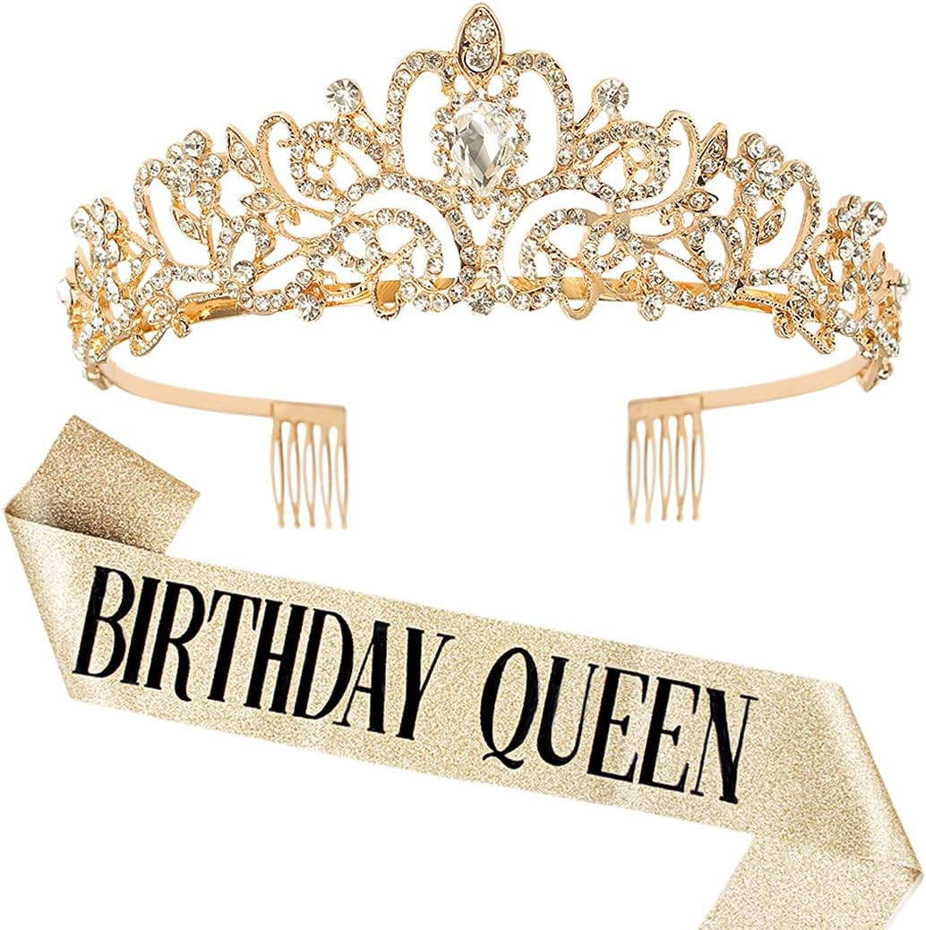 Birthday Queen Sash & Rhinestone Tiara Set Gold Happy Birthday Crowns for Women