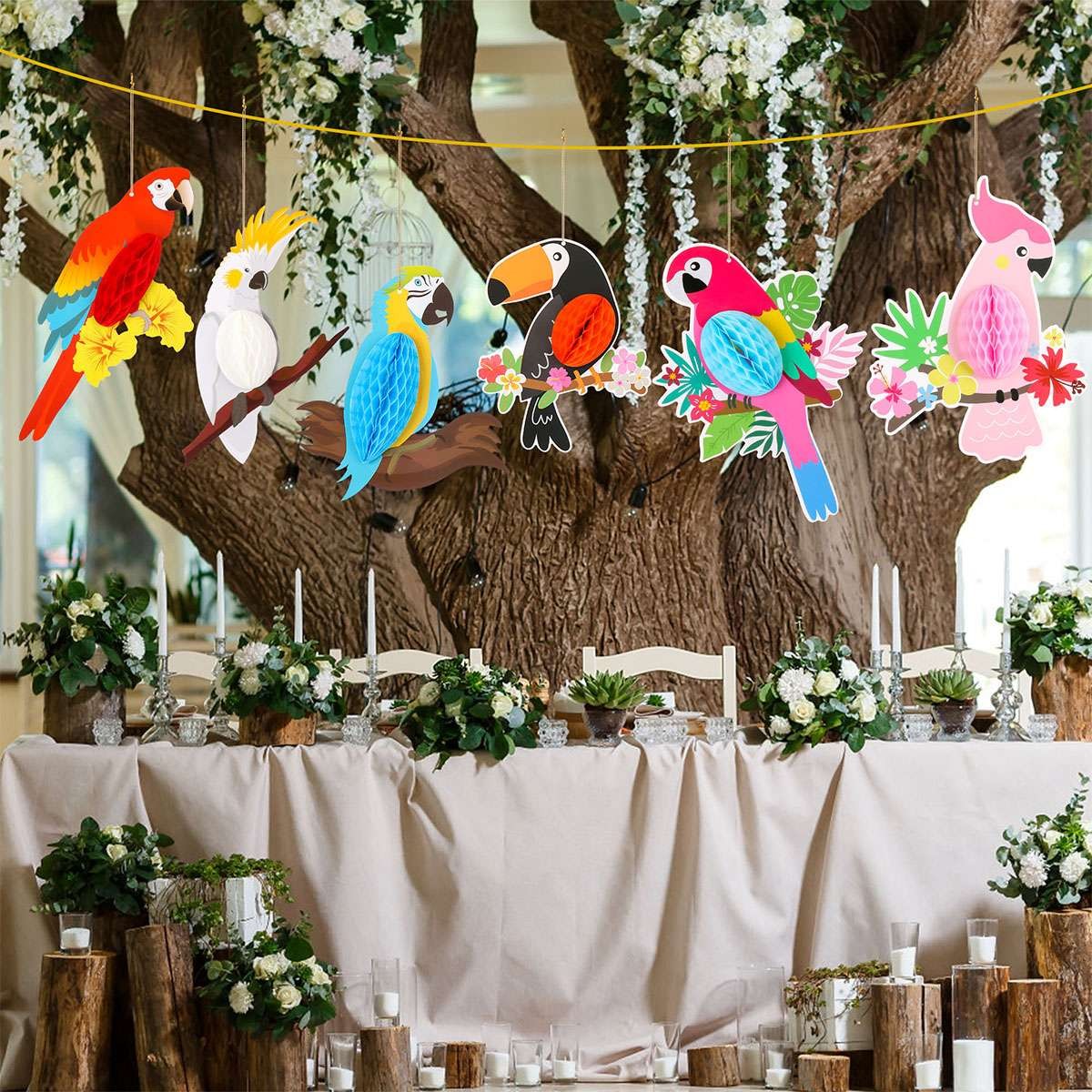 6pcs Tropical Bird Hanging Decoration Parrot Paper Hawaiian Party Bar Wall Decor