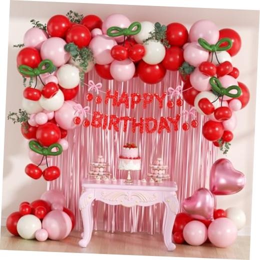 Cherry Birthday Party Decorations with Red Light Pink Sand White Balloons