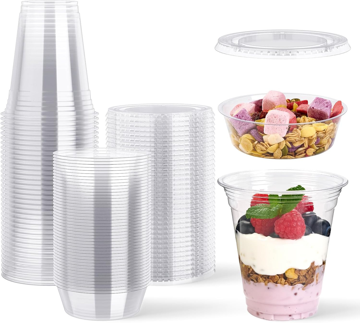 50 Sets 12 Oz Clear Plastic Parfait Cups with Insert & Flat Lids, Disposable Yog