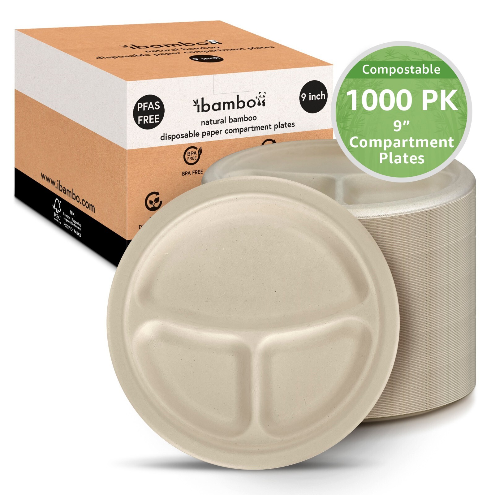 Ibambo Bamboo Disposable Compartment Plates – 9 Inch, 1000 Pack, Compostable
