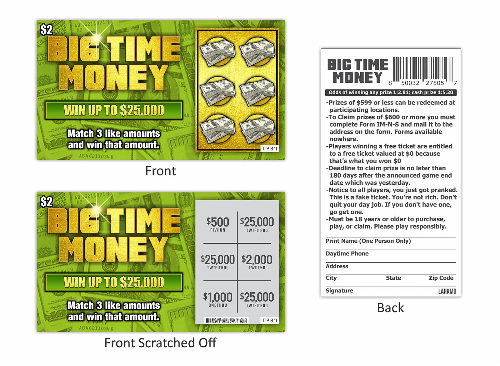 Larkmo Prank Gag Joke Lottery Tickets Big Time Money 4 x 2.25 inches, Green