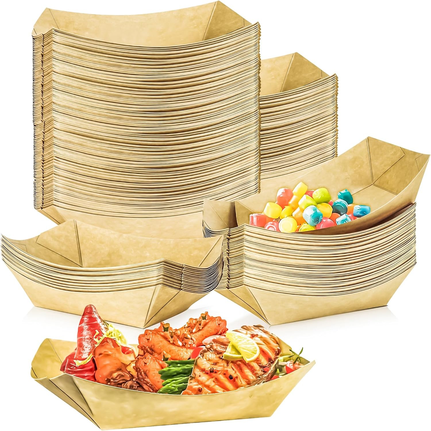 100 Pack 1Lb Paper Food Boat Trays Disposable Paper Boat Plates Containers Kraft