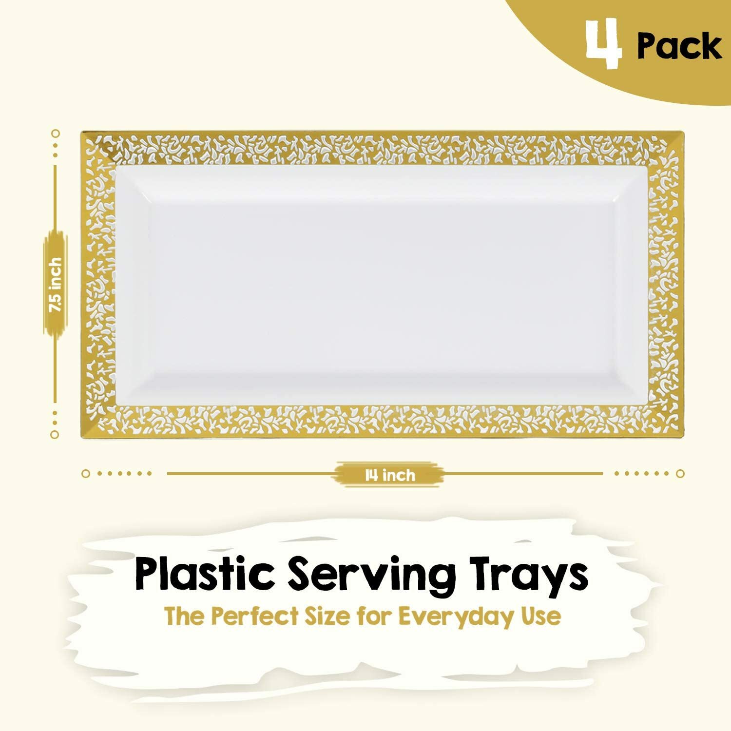 Elegant Plastic Serving Tray & Platter Set (4pk) – White & Gold Rim Disposable