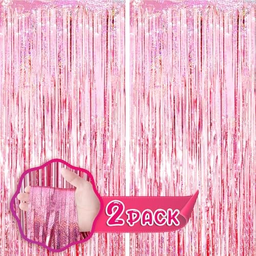 Pack 3.3×8.Feet Foil Fringe Backdrop Curtains, Tinsel Streamers 2 Laser Pink