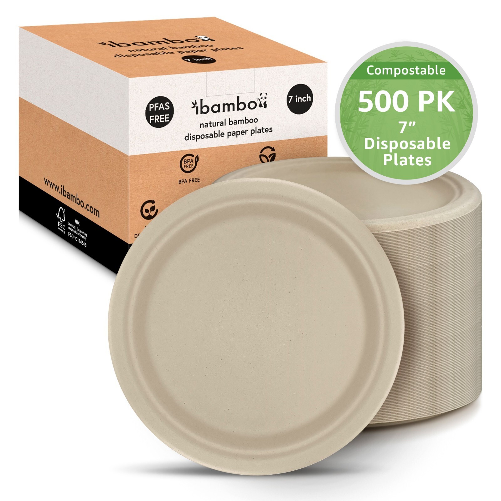 Ibambo Bamboo Disposable Paper Plates – 7 Inch, 500 Pack, Compostable Plates