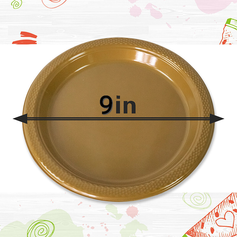 Plasticpro 9 inch Round Plastic Plates Microwaveable Disposable Gold Dinnerware