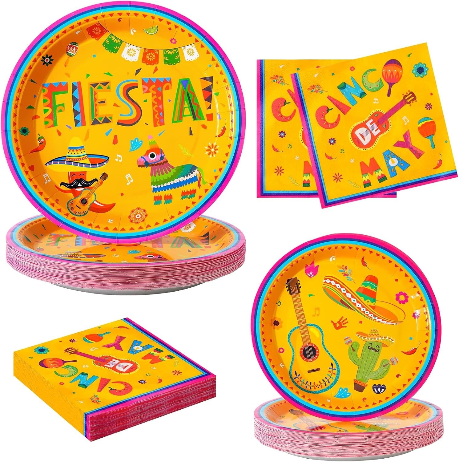Fiesta Spanish Mexican Disposable Contemporary Multicolor Set (Plates, Napkins)